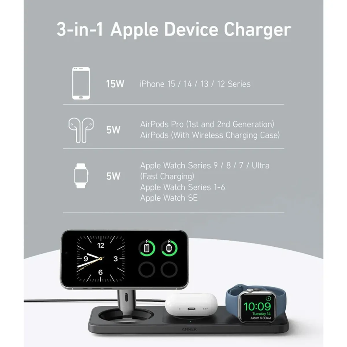 شارژر رومیزی موبایل برند انکر مدل MagGo Wireless Charging به همراه شارژر دیواری 40 وات