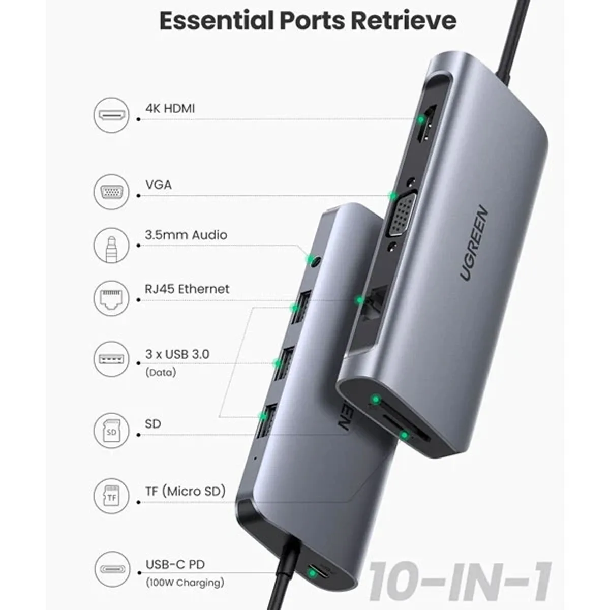 هاب USB-C تعداد 10 پورت برند یوگرین مدل UG-80133