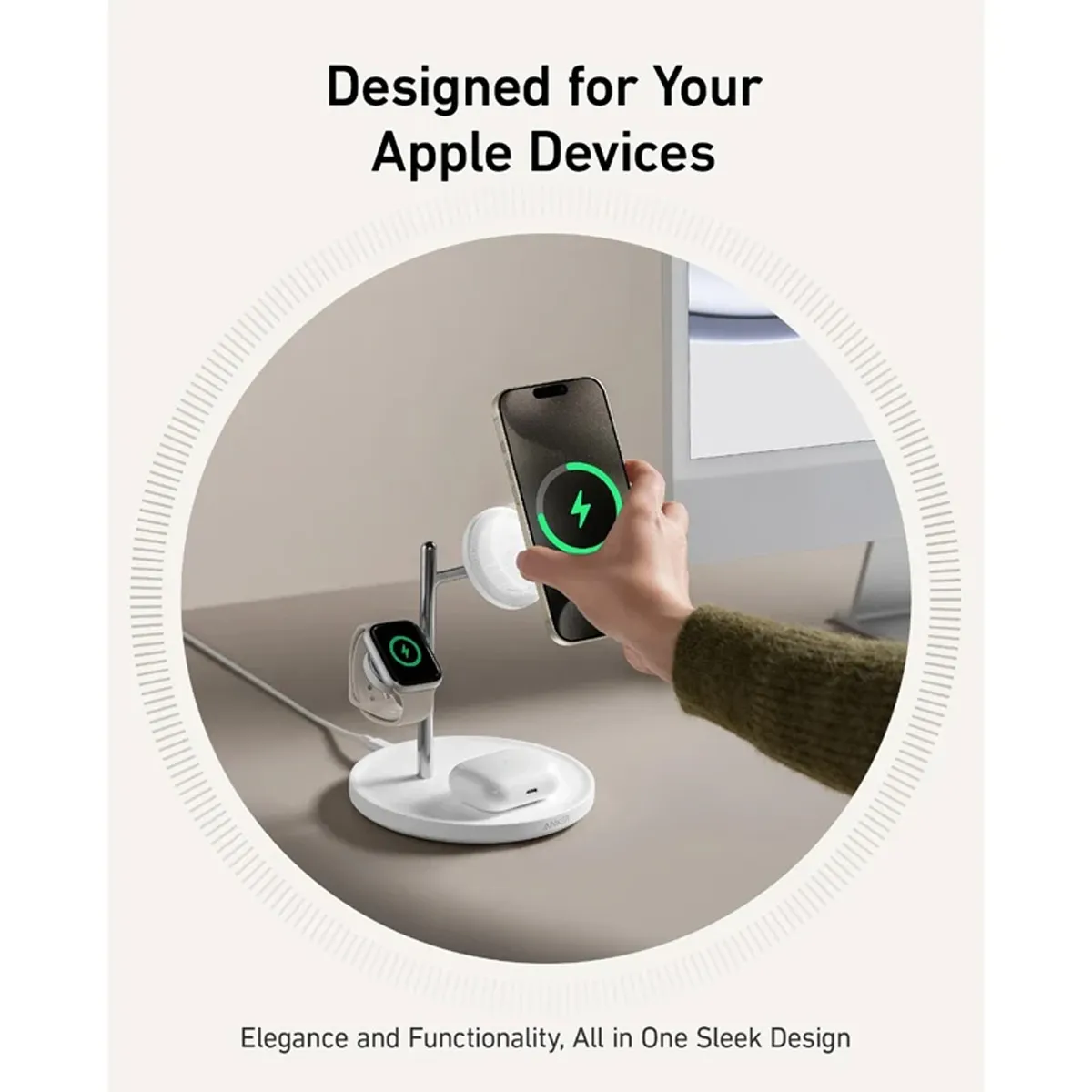 شارژر بی سیم موبایل 15 وات برند انکر مدل A25M3 به همراه کابل USB-C و آداپتور