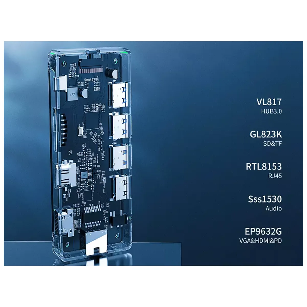 هاب 8 پورت تایپ سی اوریکو Orico WB-8p Type-C 8-in-1 Transparent Hub