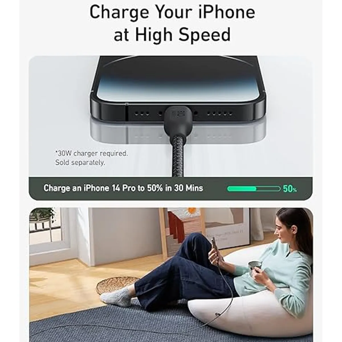 کابل نسل پنجم انکر Anker USB-C to Lightning 3ft مدل A80B5