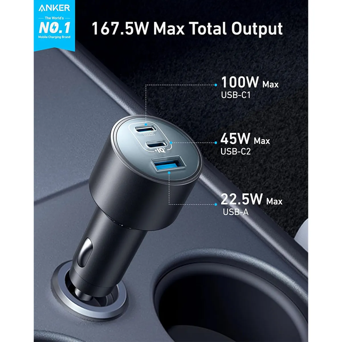 شارژر فندکی انکر Anker USB-C Car Charger 167.5W Compact 3-Port مدل A2737