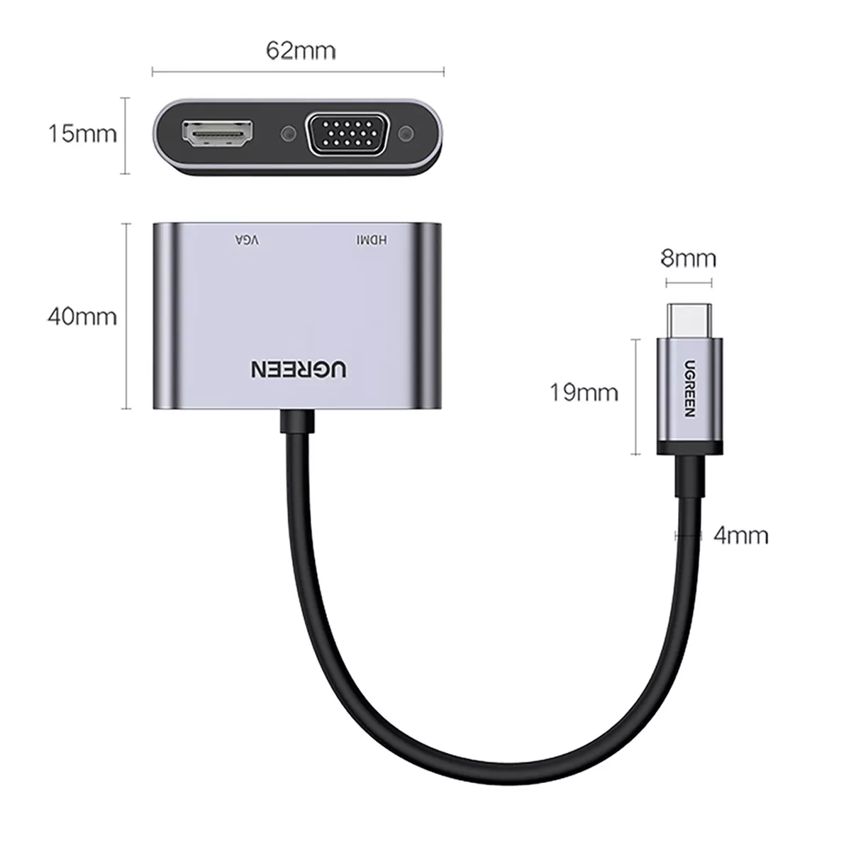 مبدل USB-C به HDMI و VGA و USB 3.0 یوگرین مدل Ugreen CM162