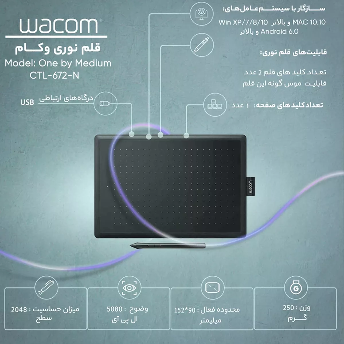 قلم نوری وکام مدل Wacom One by Medium CTL-672-N