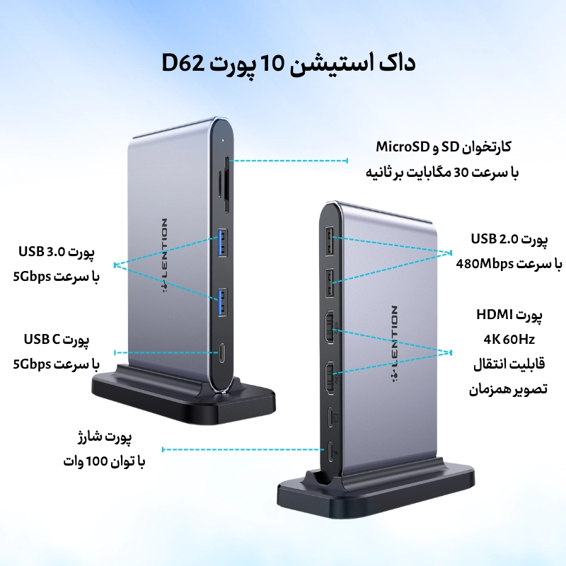 داک استیشن 10 پورت تایپ سی لنشن مدل LENTION CB-D62