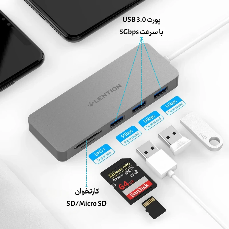 هاب 5 پورت لنشن مدل LENTION CB-H15 CLOUD ALA با رابط USB-A