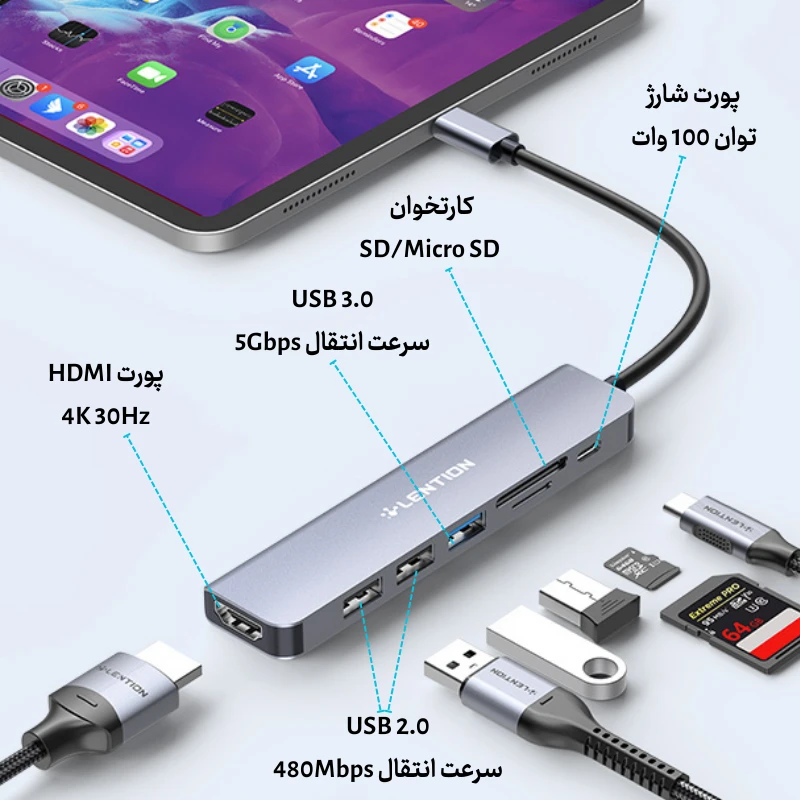 هاب 7 پورت تایپ سی لنشن مدل LENTION CB-CE18