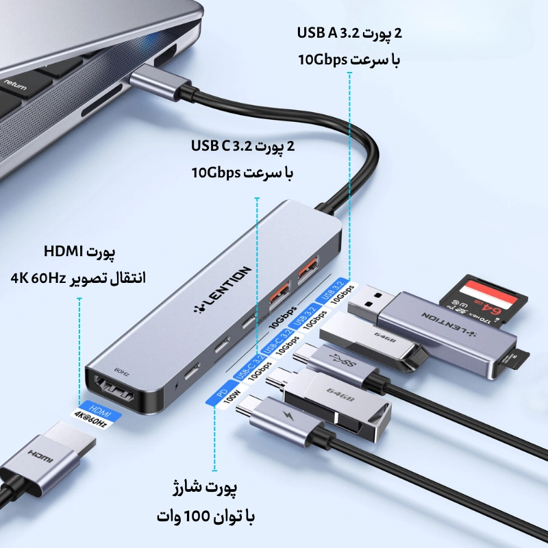 هاب 6 پورت تایپ سی لنشن مدل LENTION CB-CE37