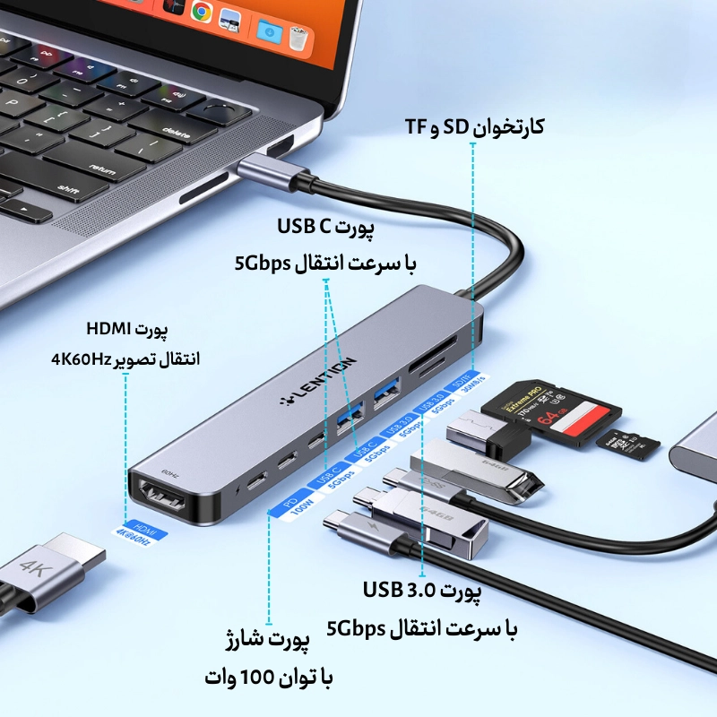 هاب 7 پورت تایپ سی لنشن مدل LENTION CB-CE19 
