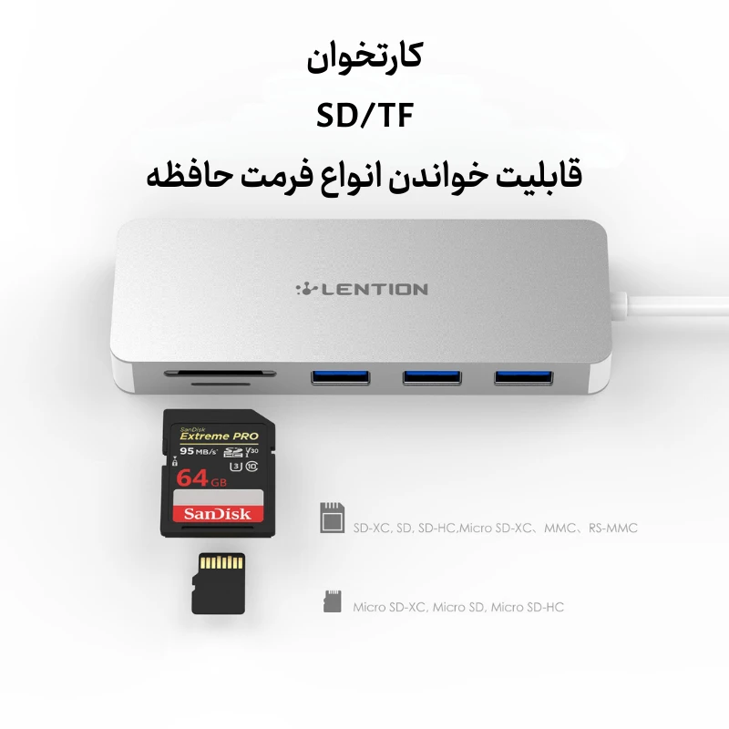 هاب 5 پورت لنشن مدل LENTION CB-C15 با رابط USB-C